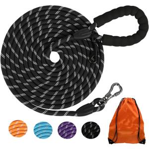 Long Dog Leash for Dog Training 50FT*3/8 inch, Reflective Leash with Lockable Hook, Heavy Duty Dogs Lead Tie Out Rope for Large Medium Small Dogs Outside Walking, Playing, Camping, or Yard, Black