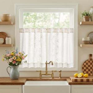 jinchan Belrose Linen Floral Kitchen Curtains 24 inch Length Embroidered Farmhouse Cafe Curtains for Living Room Bathroom Small Windows Curtain Set Sheer Light Filtering 2 Panels White