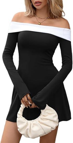 BARASA Off-Shoulder Dress for Women Long Bell Sleeve Cold Shoulder Cocktail Party Evening Wear Bodycon Pencil Dresses (X-Large, Black)