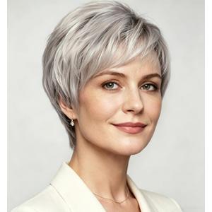 SEVENCOLORS Short Silver White Wigs for Women Natural Layered Synthetic Hair Short Wig with Dark Roots Platinum Pixie Cut Wigs for Older Ladies