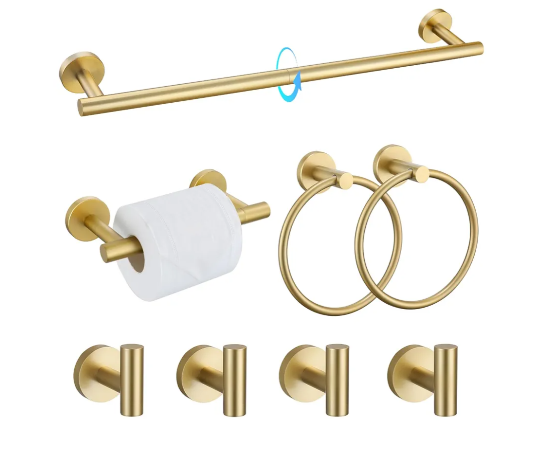 TQKAG 8-Pieces Bathroom Hardware Set Brushed Gold SUS304 Stainless Steel Bath Towel Bar Set 23.6 Inch Round Bathroom Accessories Kit Wall Mounted