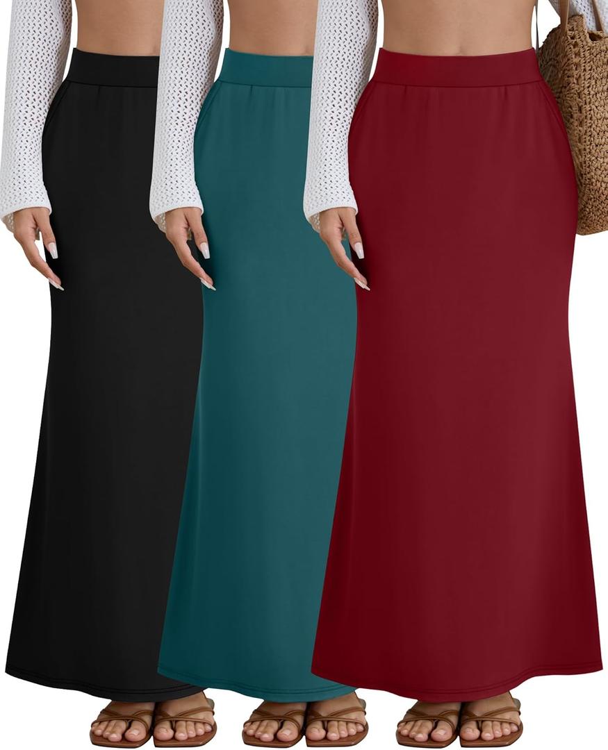 Riyiper 3 Pack Women's Summer Maxi Skirts with Pockets Flowy Elastic High Waist Ankle Length Long Casual Skirts (L)
