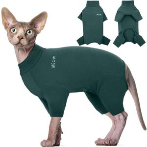 ROZKITCH Sphynx Cat Clothes, Breathable Soft Cat Jumpers for Cats Only, Coat with Four Legs, Warm Sweater T-Shirt Pajamas Jumpsuit Vest Cornish Rex Devon Rex Peterbald DarkGreen M (Back Length:11.81")