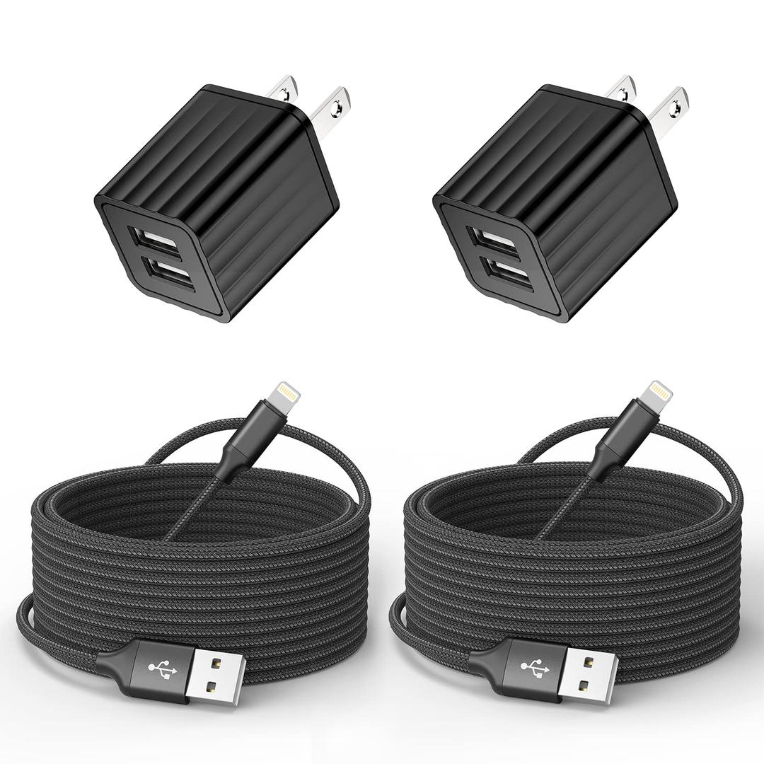 iPhone Charger 10ft, Fast i Phone Block Dual 2Port USB Wall Charger Block Adapter Plug 2 Pack & Long 10foot Fast Charging Nylon Braided Lightning Cable Cord for iPhone 14/13/12/11/XS/XR/8 Plus/SE iPad (Black)