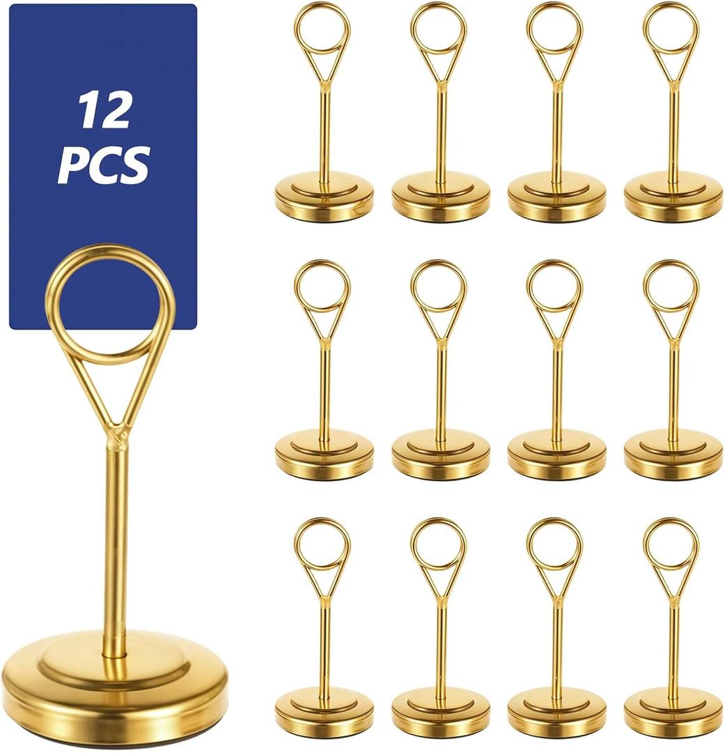 COMNICO 12Pcs Premium Table Number Holders Gold Table Place Card Holders with Weighted Base Stand and Clip Small Tables Card Holder Pictures Photo Holder for Centerpieces, Christmas, Wedding Party