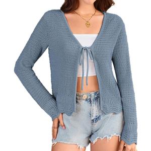 GRACE KARIN Women's Tie Front Long Sleeve Cardigan V Neck Shrug Sweaters for Dresses Denim Blue SIZE: SMALL