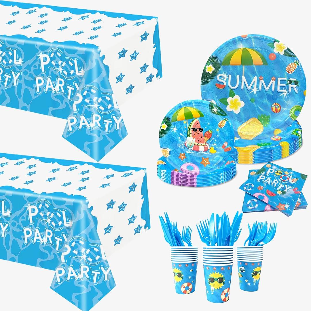 Pool Party Supplies,146Pcs Summer Plates and Napkins for 24 Guests