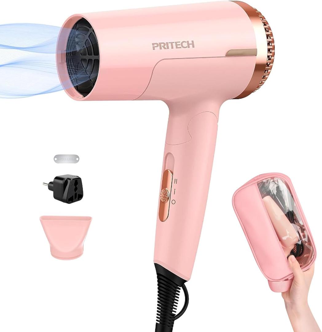 PRITECH Dual Voltage Travel Hair Dryer (1250W) - Foldable Blow Dryer with Concentrator, 110V/220V Worldwide Use, Compact Lightweight Design, EU Plug Included