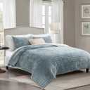 RECYCO Luxury Velvet Quilt Set King Size Bedding Sets, Ultra Soft Velvet Comforter Set, Lightweight Channel Box Stitch Oversized Bedspread Coverlet for All Season, with 2 Shams, Blue Linen, King/Cal King