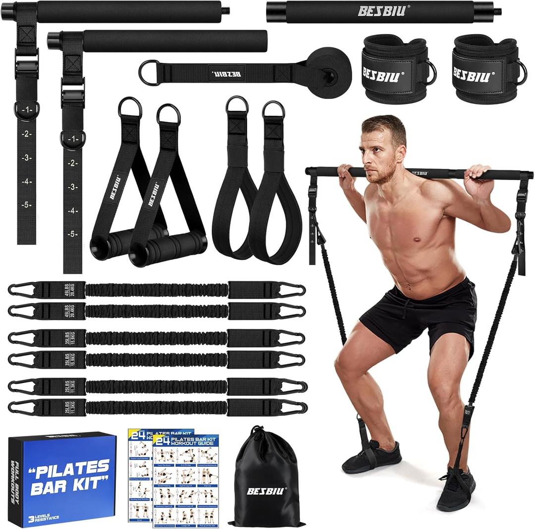 Pilates Bar Kit with Resistance Bands for Working Out, 210lbs Heavy Resistance Bands with Handles, Pilates Equipment with Resistance Band Bar for Men Women, at Home Gym Full Body Workout Equipment (Black)
