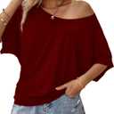 Hilinker Womens Short Batwing Sleeve T Shirt Oversized Casual Tee Burgundy, Medium