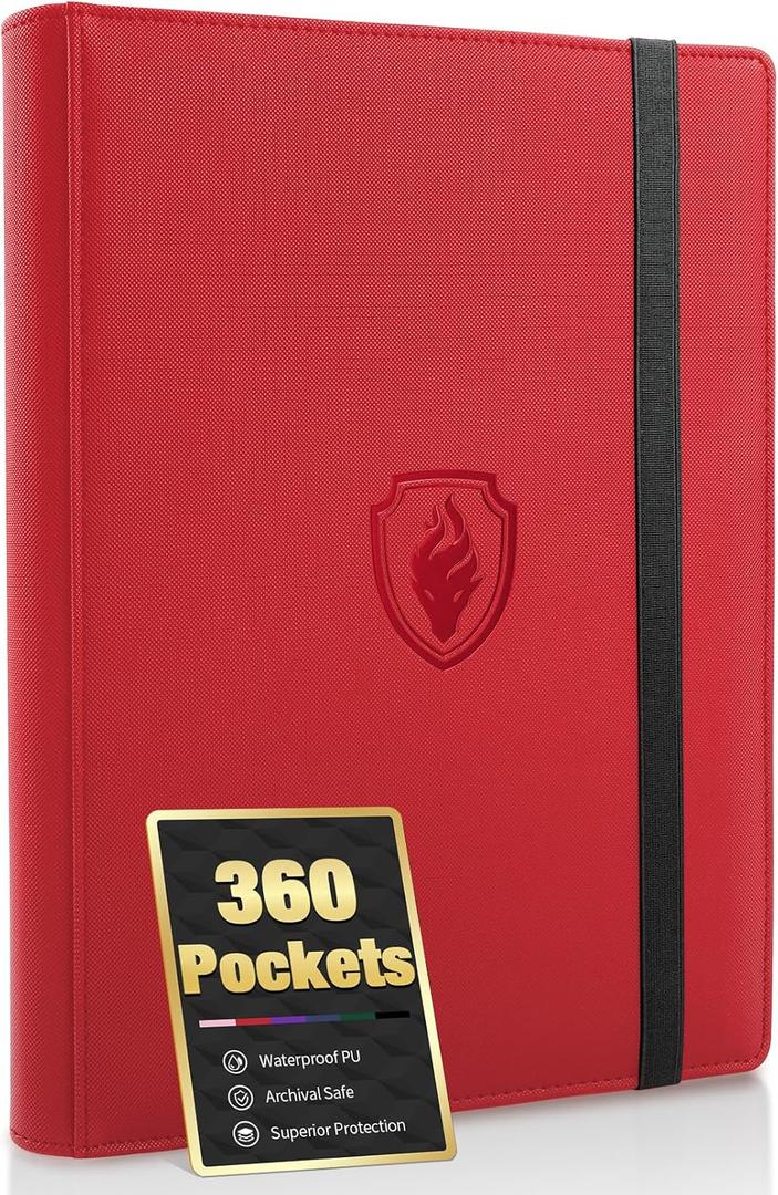 Premium 9 Pocket Card Binder for 360 Cards, Fabmaker PU Cover Trading Card Binder, Sturdy Card Collection Album, Sleek Card Holder Folders for Game Cards & Sports Cards, Red