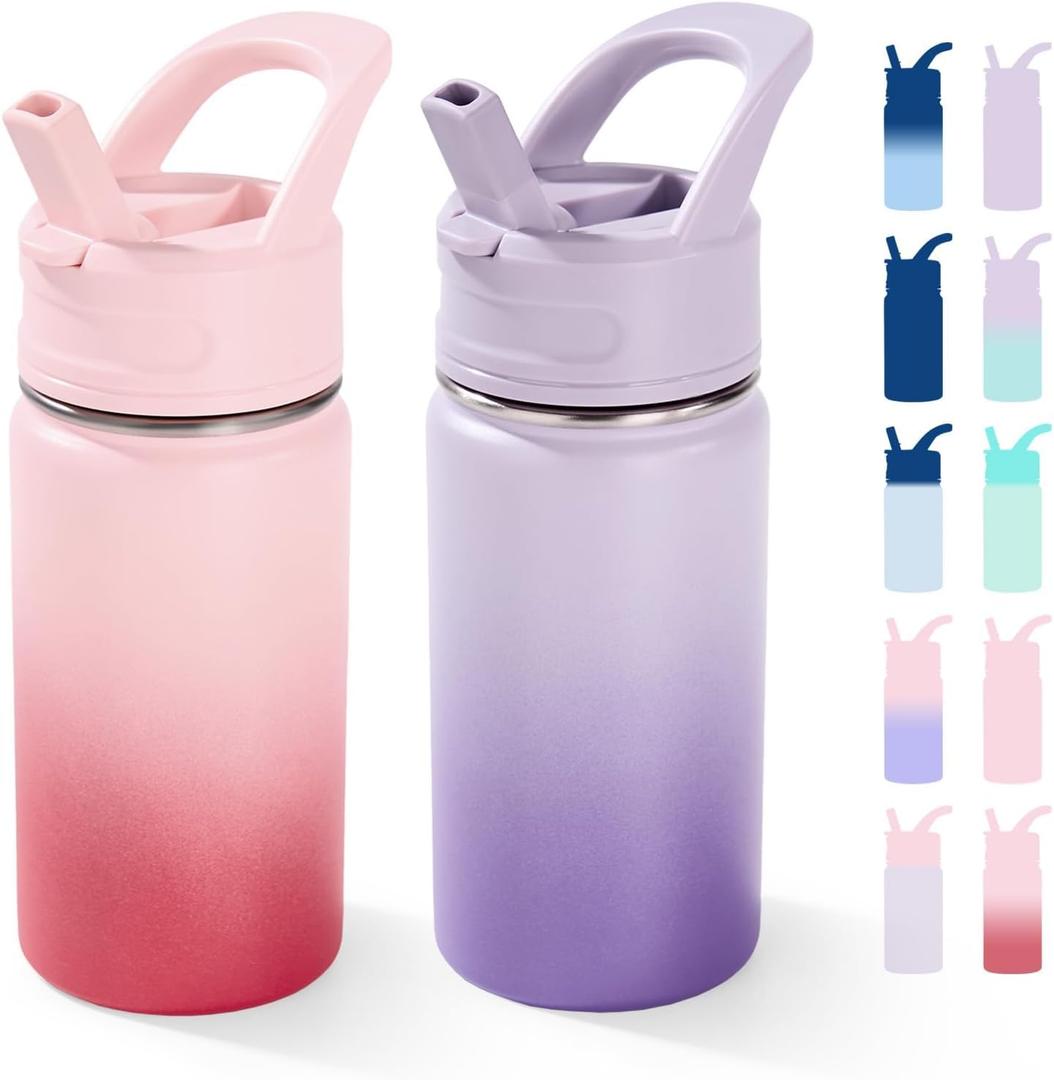 Fijinhom 12oz Water Bottle for School, Bottles with Straws, Stainless Steel Vacuum Insulated Water Bottle, Leak-Proof, BPA-Free, Cherry + Lavender