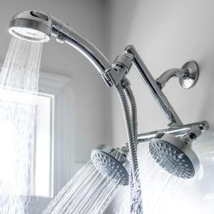 High Pressure Double Shower Heads with Handheld Spray. Adjustable Ball Joint and Detachable Head with Pressure Control Valves for an Enjoyable Spa Bathing Experience.