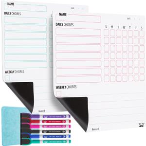 Mr. Pen Magnetic Dry Eraser Chore Board for Multiple Kids, 2 Pack with 6 Eraser Cap Markers, Refrigerator Magnetic Chore Chart (White)