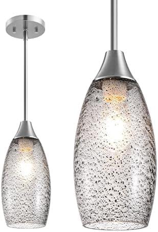 EDISHINE Pendant Light Fixture, Handcrafted Art Glass Hanging Light, Hardwired Ceiling Light with Grey Seed Glass Shade, Adjustable Brushed Nickel Rods, E26 Base, Pendant Lamp for Kitchen Bathroom Bar