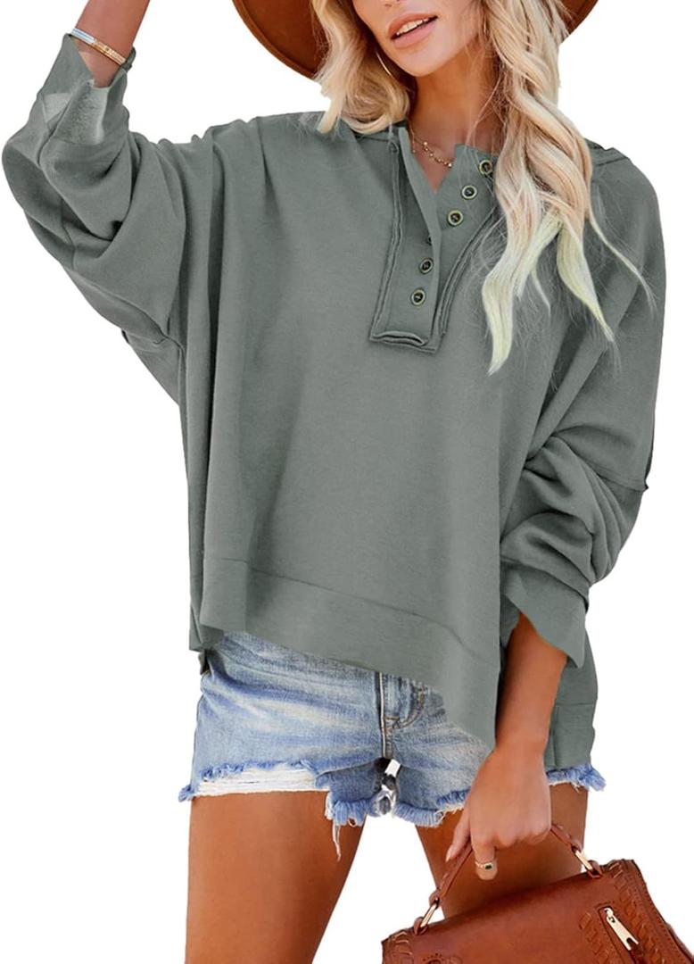 Dokotoo Hoodies for Women 2024 Fashion Fall V Neck Button Down Long Sleeve Hooded Sweatshirts Tops (XX-Large, Grey)