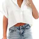 Tankaneo Womens Button Down Cropped Shirts Long Sleeve Casual Crop Tops Solid Lapel Blouse Shirt with Chest Pocket (X-Large, 18-white)