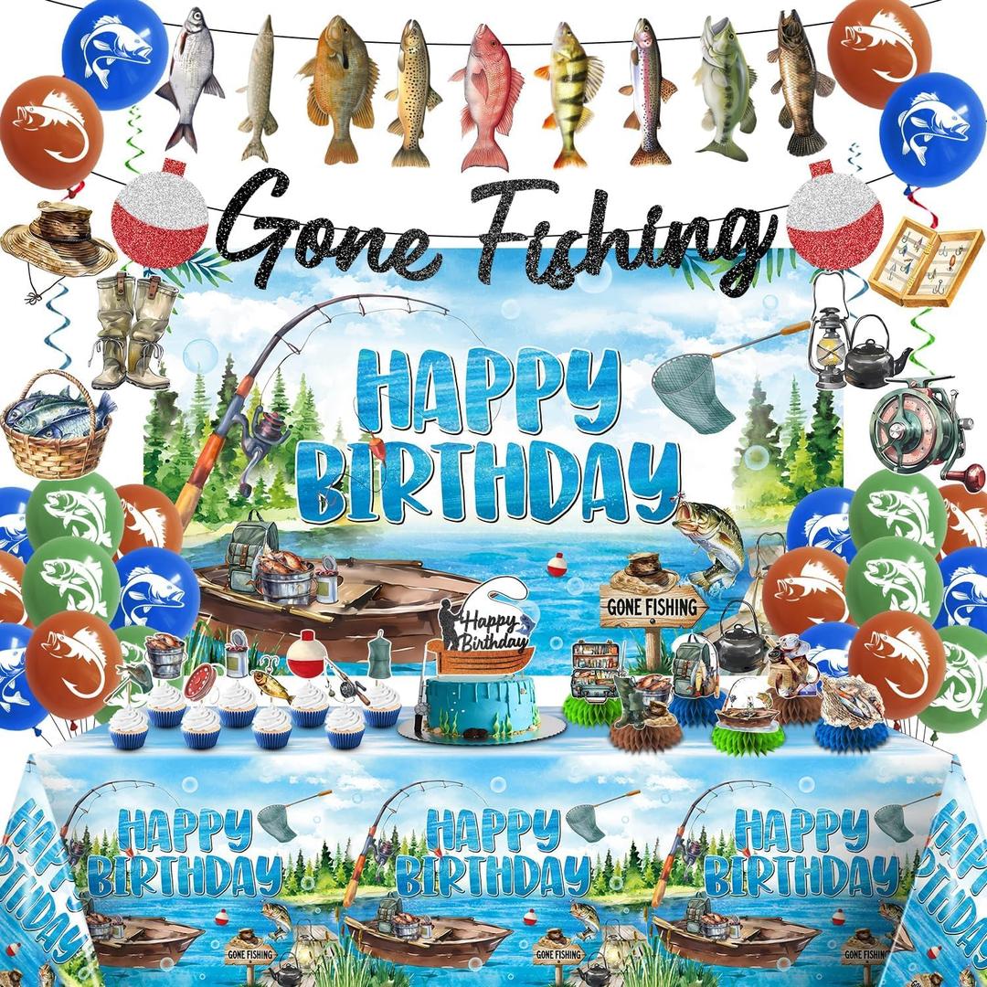 Fishing Birthday Party Decorations, 55 Pack Ofishally One Birthday Decorations, Gone Fishing Party Decorations includes Backdrop, Tablecloth, Banner, Balloons, Centerpieces, Cupcake Toppers