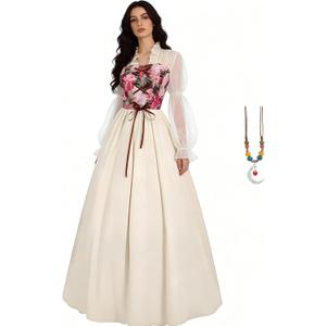 Women Renaissance Corset Dress Victorian Medieval Costume Floral Fairy Dresses Vintage Gown with Necklace (S)