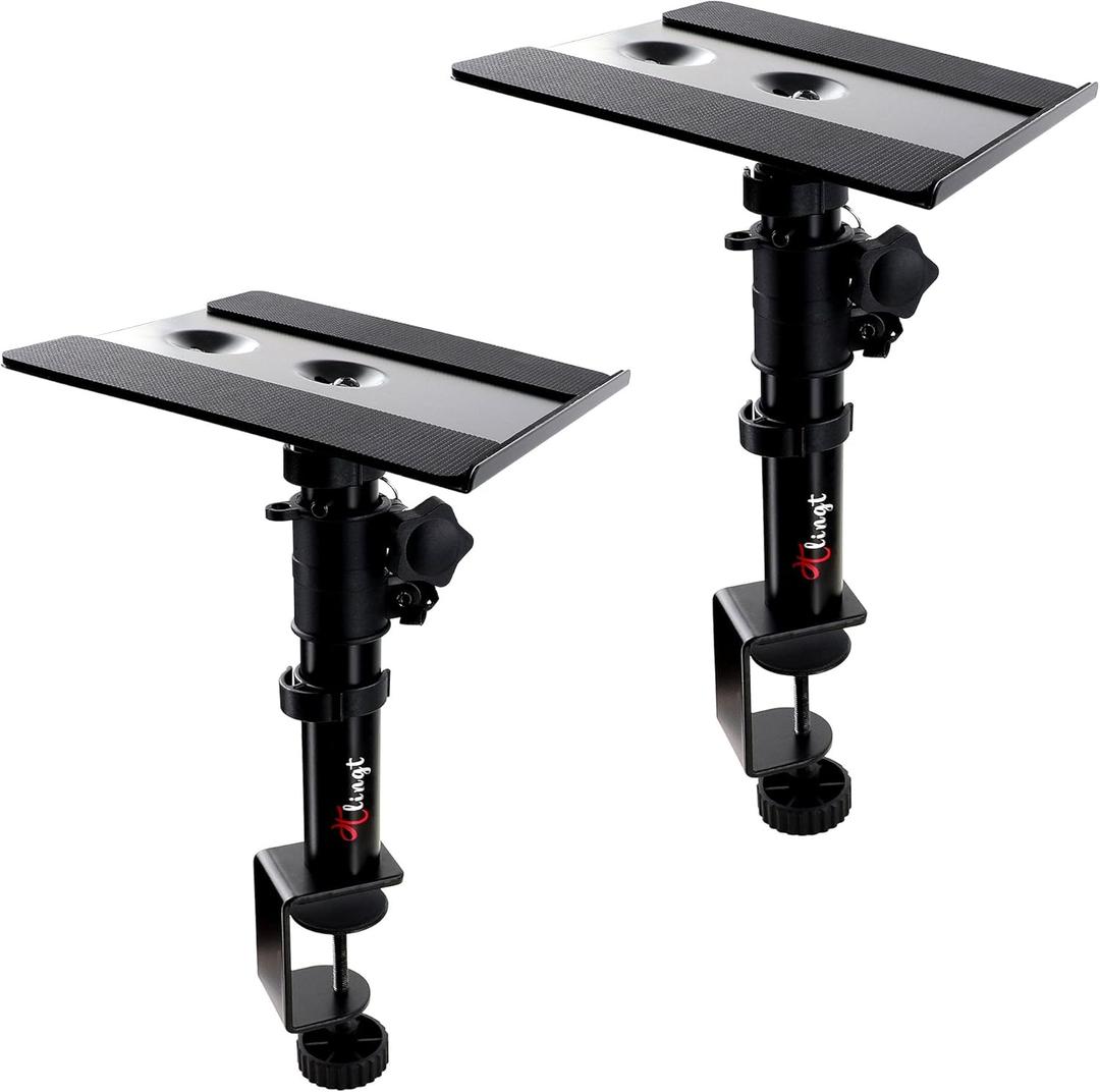 Tlingt Desktop Speaker Stands Pair, Clamp-on Monitor Speaker Stand Riser, 6.7x7.9 Metal Tray, Adjustable Height, -10 to +10 Tilted Angle, Ideal for 3 to 4-inch Monitor Speaker, Bookshelf Speaker