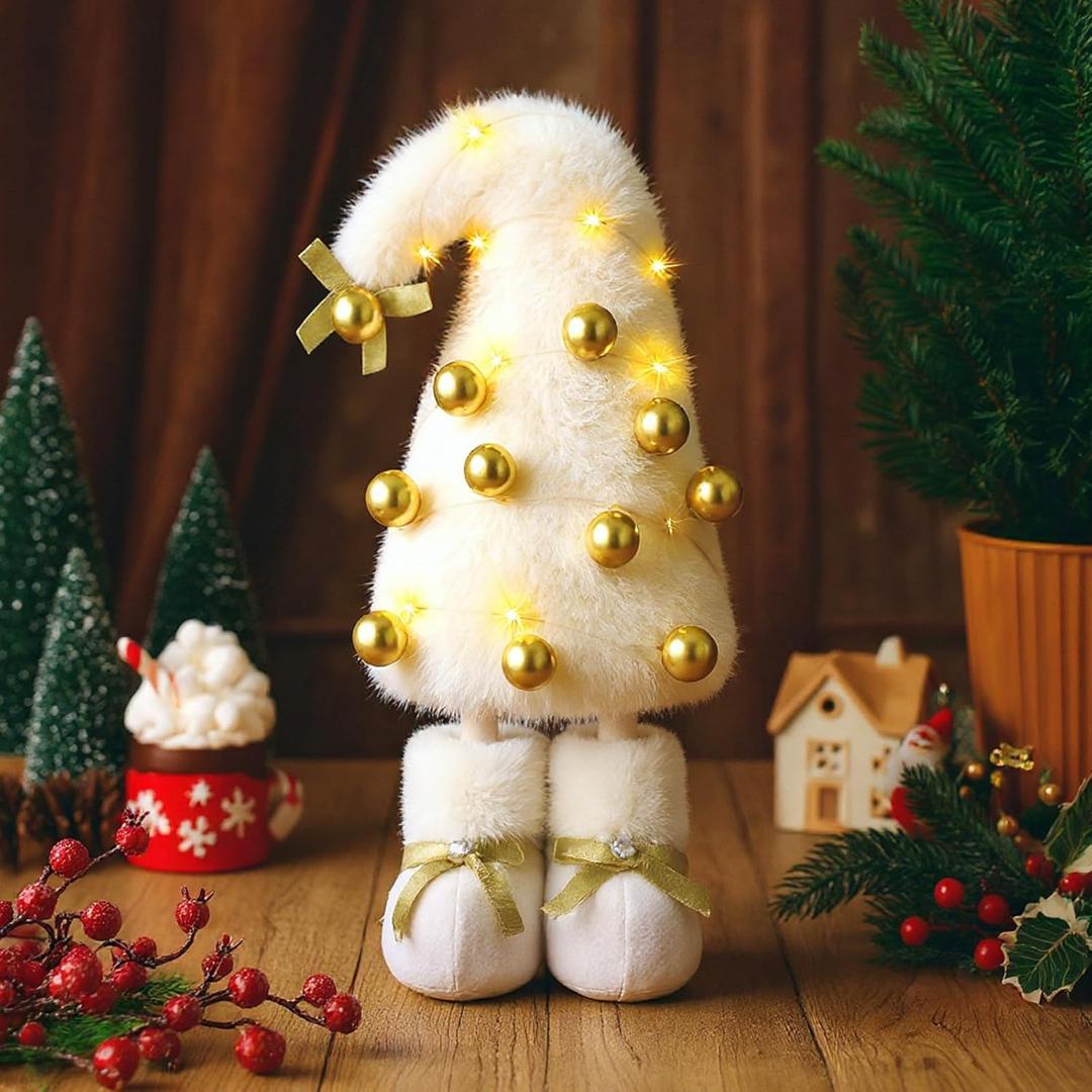 CroBlissful Christmas White Lighted Furry Bendable Tree Standing Gnomes Table Centerpiece, Cute Plush Xmas Gnome Trees Elf Tabletop Decor with Gold Balls for Christmas Winter Tabletop Home Decoration
