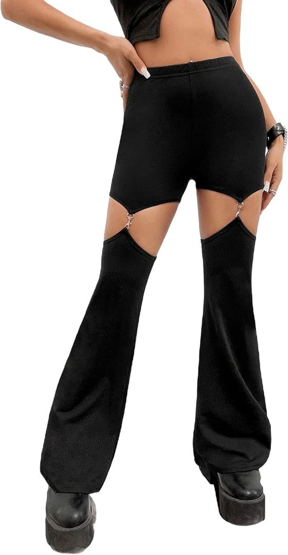 WDIRARA Flare Leggings for Women Cut Out Removable Flare Pants High Waisted Bell Bottom Pants Elastic for Concert Night Out (Small, Black)