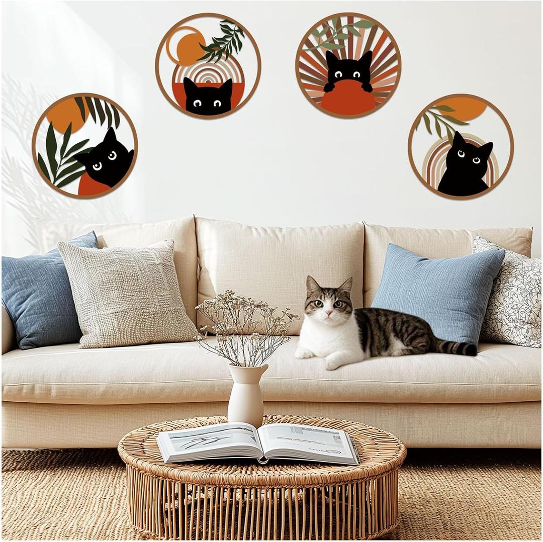 MDFUGEG Boho Black Cat Wall Decor,Black Cat Room Decor Aesthetic,4 PCS 10x10 Inches Mid Century Bohemian Abstract Moon and Sun Metal Sign for Nursery,Living Room,Bedroom,Cat Lover Gifts
