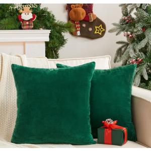 GriNeed Pack of 2 Christmas Green Pillow Covers 18x18 Inch Decorative Throw Pillow Cover, Velvet Emerald Pillowcases for Couch Sofa Bed, Home Boho Decor, Modern Soft Cushion Covers