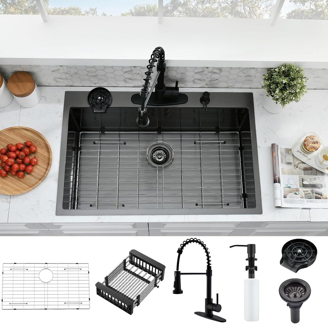 33x22 Drop In Kitchen Sink and Faucet Combo Set, Black Stainless Steel Kitchen Sink with Cup Washer,9 Inch Deep Single Bowl with Accessories, Heavy-Duty & Easy-Clean Design