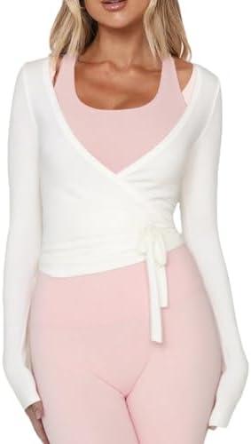 Women Ballet Wrap Top Long Sleeve Self Tie Dance Shirt Pilates Yoga Tops Y2k Workout Active Blouses, Size S, White