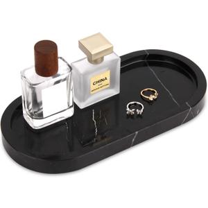 Oval Marble Bathroom Vanity Tray, Natural Luxury Marble Home Kitchen Bathroom Table Tray, Stone Decorative Countertop Serving Trays for Coffee Perfume Jewelry Makeup(Black Marquina, 10 * 5 * 0.6)