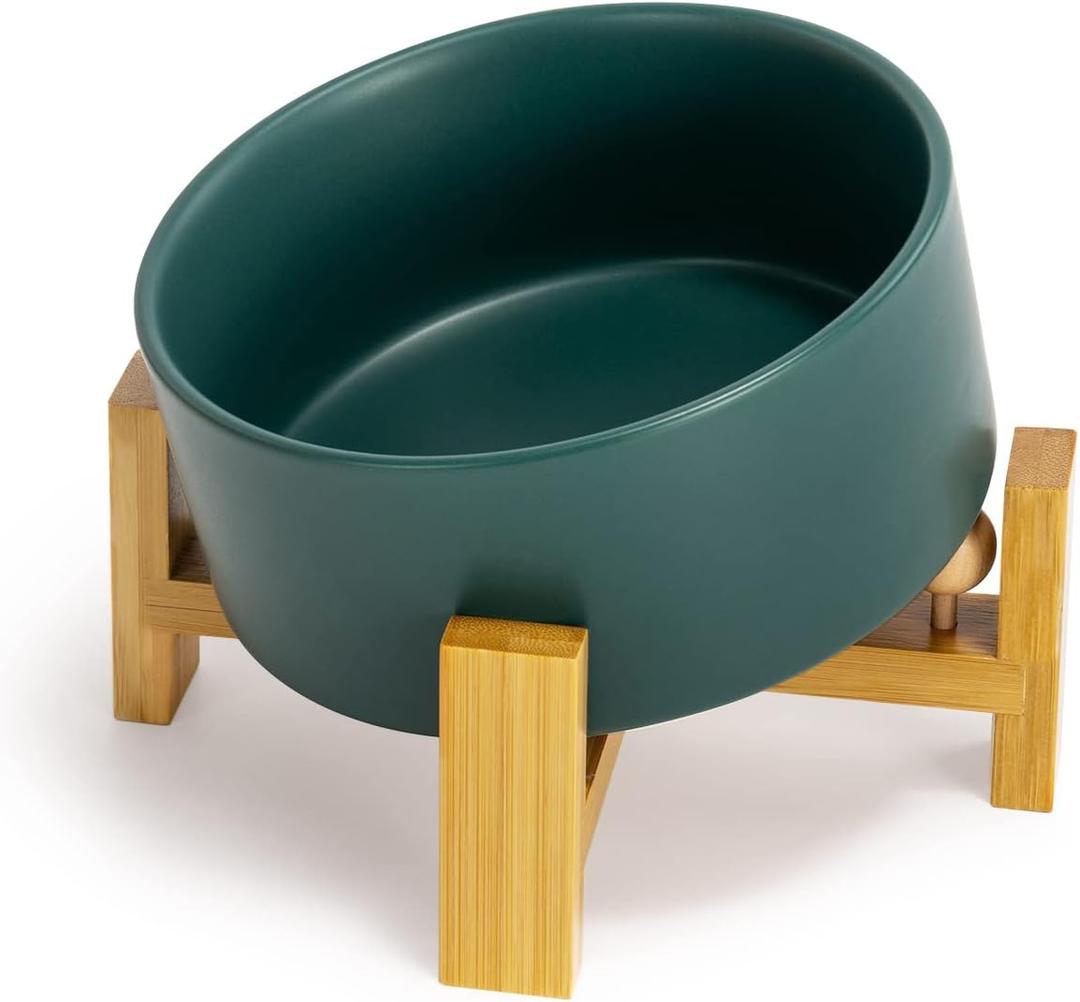 SPUNKYJUNKY 15 Slanted Ceramic Dog and Cat Bowl with Wooden Stand, Tilted Bulldog Food and Water Bowl No Slip Non-Spill for Cats Medium Dogs Big Face Pets 28.7 OZ (3.6 Cups, Green)