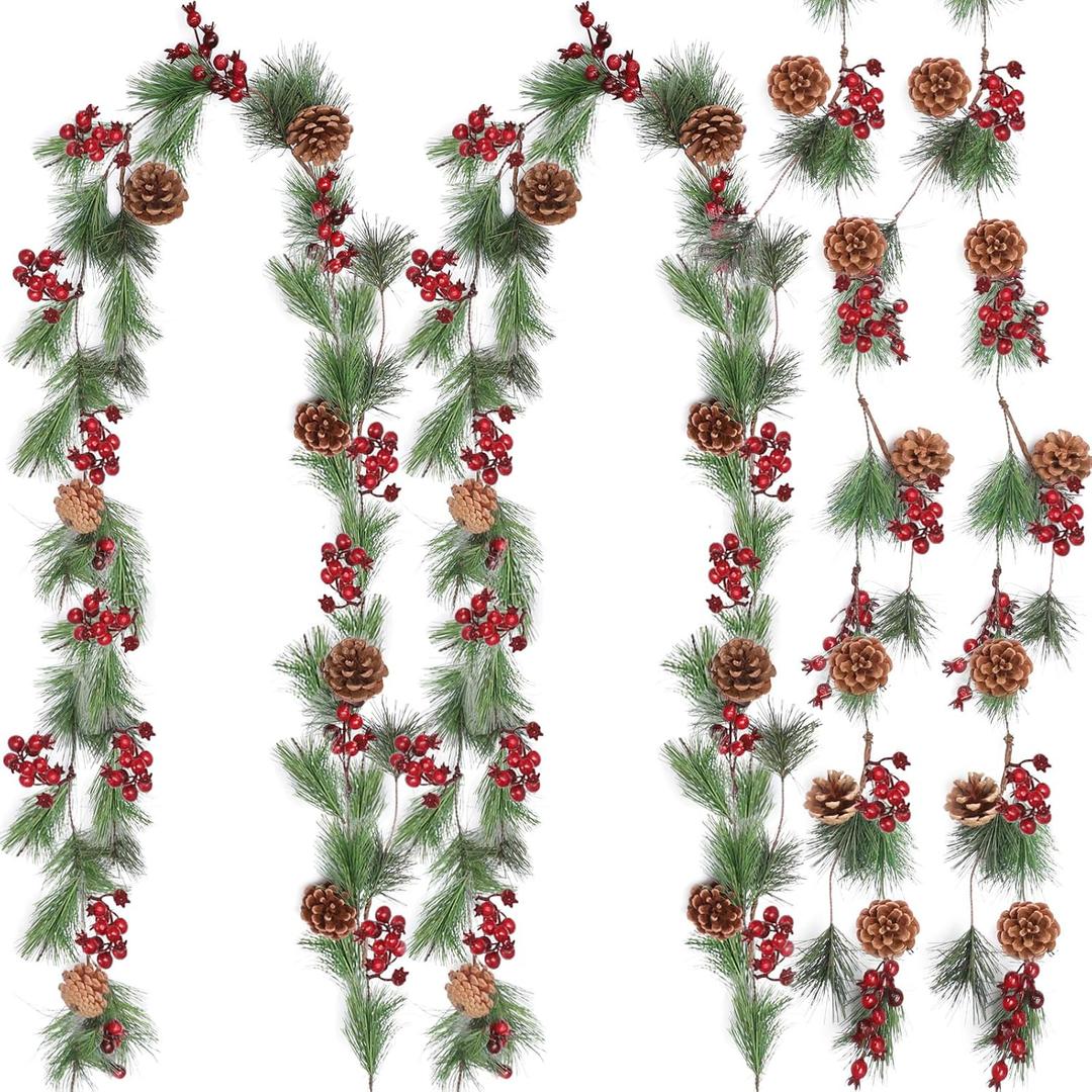 Ceenna 4 Pcs Artificial Pine Garlands with Pine Cones and Red Berries - 24 ft Total Long Christmas Greenery Garland for Decor