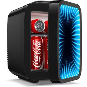 BEICHEN Mini Fridge, 4L/6 Can Small fridge with Dimmable Gaming Light for Bedroom,Office,Gaming room and Car,AC/DC Portable Thermoelectric Cooler & Warmer for Food, Drinks, Skincare,Black