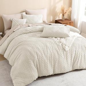 Litanika Queen Comforter Set Beige, 3 Pieces Cream Tufted Boho Farmhouse Bedding Comforter Sets, Lightweight Fluffy Comforter Bed Set for All Season (90x90In Comforter and 2 Pillowcases) (Queen (90"x90"), 01 - Beige)