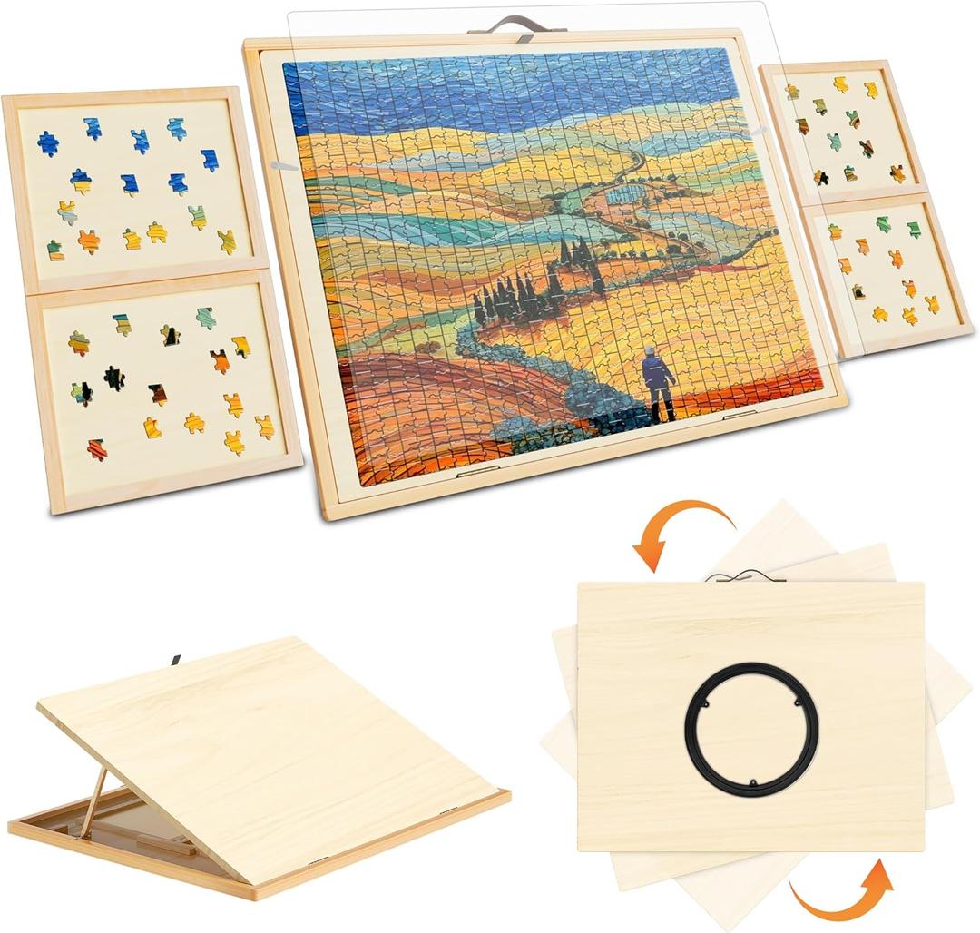 Tilting & Rotating Puzzle Board for 1000 Pieces, Natural Pine Wood Portable Jigsaw Puzzle Table with 4 Drawers & Cover, 3 Adjustable Angles & 360Lazy Susan, 30x22, Ideal Gift for Adults