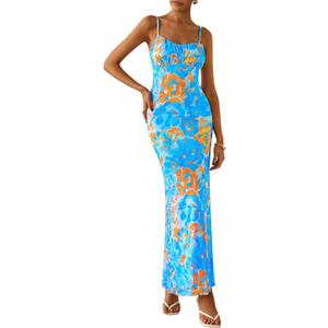 PRETTYGARDEN Women's Floral Bodycon Maxi Dress Summer Beach Sundress Sleeveless Spaghetti Strap Wedding Guest Dress (Blue, M)