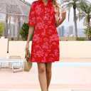 Womens Summer Shirt Mini Beach Dresses | Flowy Shift Dress, Button V Neck, Polo Collar, Ruffle Short Sleeve, Floral Boho Style, Casual Vacation Outfits with Pockets (Red, S)
