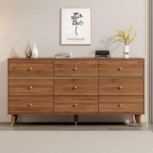 Chrangmay 9 Drawer Dresser,63" Wide Mid Century Modern Chest of Drawers,Wooden Bedroom Drawer Dresser with 9 Storage Drawers for Bedroom, Living Room,with Anti-Tipping Device,Chestnut