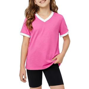 Poroka Girls Short Sleeve Shirt V-Neck Tee with Ribbed Trim Plain T-Shirts Soft Fashion Summer Tops for Girls,Size: 7-8 Years
