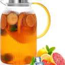 Ribbed Glass Pitcher With Lid and Spout, Glass Water Jugs With Handle, Water Carafe for Hot and Cold Beverage, Brew, Iced Tea, lemonade, Juice, Coffee, Milk, 1.4 Liter 47 Ounce, Borosilicate