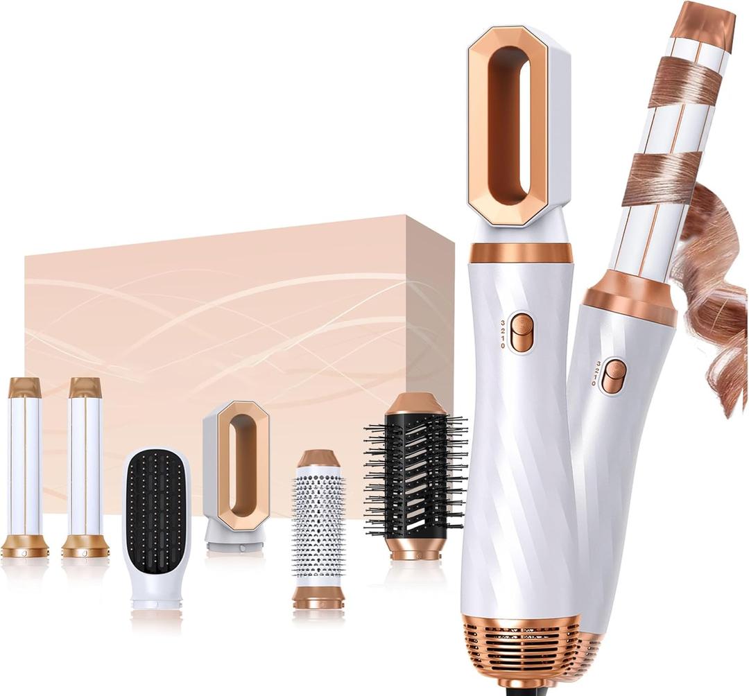 Blow Dryer Brush, 6 in 1 Detachable Hair Dryer Brush Air Curler Air Styler Wrap, Hair Styling Tool Travel, Curly Twist Hot Curling Iron, Blow Dryer Hot Styler Negative Ion (White)