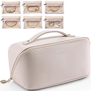 Vlando Travel Makeup Bag PU Leather Waterproof Cosmetic Bag with 6 zipper Jewelry Storage Bag for Women,Girls