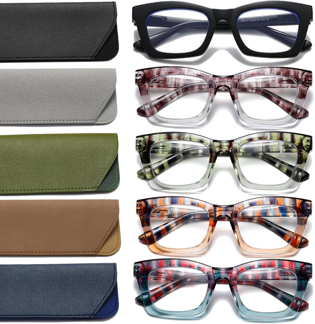 Hubeye 5 Pairs Fashion Style Square Reading Glasses for Women Men Blue Light Blocking Computer Readers with leather case (Black/Purple/Green/Orange/Blue)
