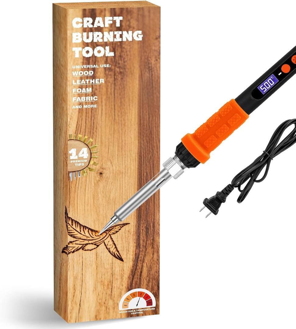 K KERNOWO Wood Burning Tool Kit for Adults & Teens, 17-Piece Adjustable Temperature Pyrography Pen Set with 14 Premium Tips, Insulated Rubber Grip Wood Burner Engraver for DIY Crafts Gift