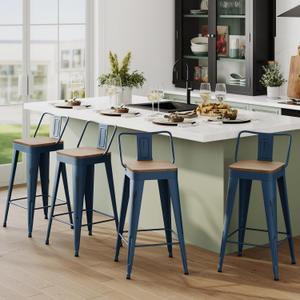 Andeworld Bar Stools Set of 4 Counter Height Stools Industrial Metal Barstools with Wooden Seats(24 Inch, Distressed Navy)