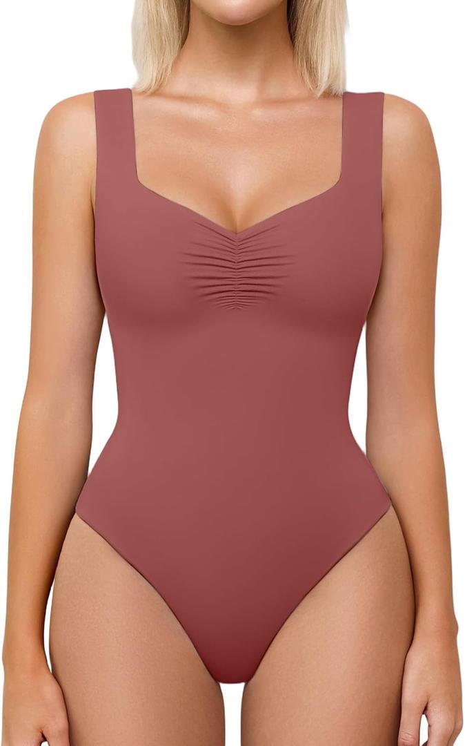 Avidlove Bodysuits for Women Sweetheart Neck Ruched Body Suit Seamless Double Lined Tank Top Slimming, Medium