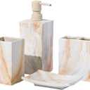 RQYIXI Bathroom Accessories Set 3 Pcs Marble Look Sets Toothbrush Holder Soap Dispenser Counter Top Ceramic Bathroom Decor Set Beige