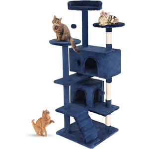 FDW Cat Tree 54in Cat Tower Multi-Level Durable Cat Scratching Post & Cozy Fun Cat Jumping Platform Space Saving Cat Condo Pet Play House for Indoor Cats,Navy Blue